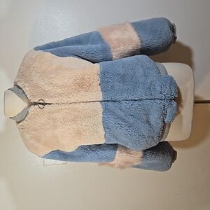 Shaci Faux Fur Colorblock Blue Cream Pink Bomber Jacket Large